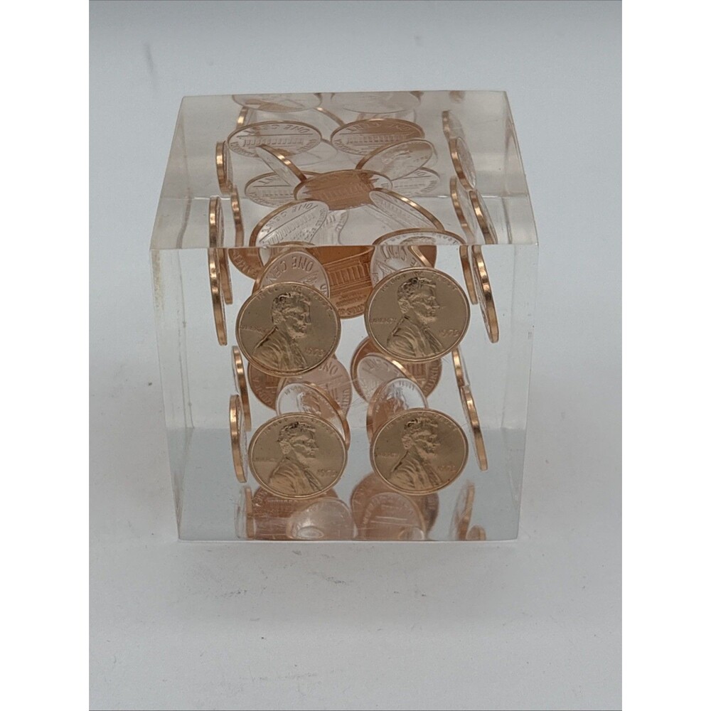 Vintage 1972 Lincoln Lucite Cube Paperweight Floating Coin MCM Desk Decor